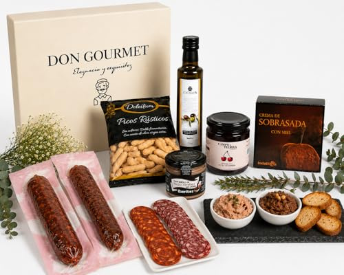 DON GOURMET, Cesta Gourmet para Regalar, Personalizable, Queso curado, jamón ibérico, chorizo ibérico, lote embutidos ibéricos, aceite de oliva, pack ibéricos, Regalo Cumpleaños. (CESTA 10)