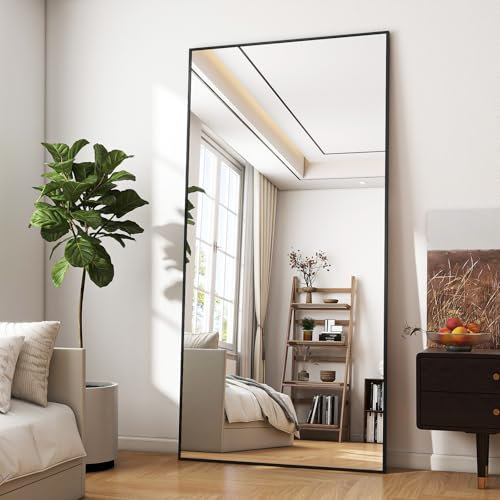 BEAUTYPEAK 76x180 cm Übergroßer Großer Ganzkörperspiegel, Standspiegel hängend oder lehnend an die Wand, Groß Bodenspiegel mit Ständer für Schlafzimmer, Wohnzimmer oder Ankleidezimmer, Schwarz