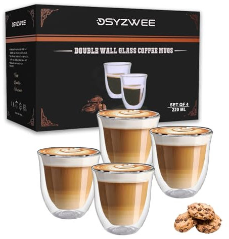 DSYZWEE Double Wall Borosilicate Glass Espresso Cups, Espresso Cup Set (4 x 220ml), Latte Glass Caffee Cups, Handcrafted Artisan - Strong, Borosilicate Heat Resistant