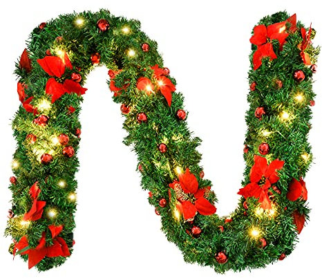 Ghirlanda Natalizia, 2.7M/9 FT Decorazioni Natalizie con Luci 30 LED, Ghirlanda Natale Decorazioni Artificiale per Porta, Camini,Scale, Centrotavola Natalizio, Addobbi Natalizi Per La Casa