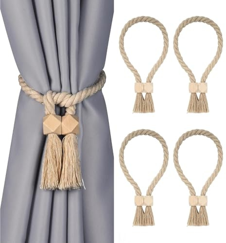 Magnetische Vorhang Raffhalter, 4 Stück Gardinenhalter Vorhanghalter, Gardinen Raffhalter, Raffhalter Magnetisch, Boho, Baumwollseil, Raffhalter für Gardinen Home Büro Gardinen Deko