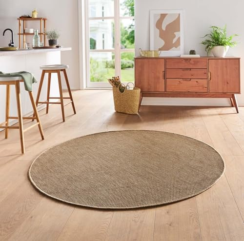 Taracarpet Teppich Flacher Kurzflorteppich für Wohnzimmer, Schlafzimmer und Kinderzimmer auch als Küchenteppich für die Küche in Sisal Optik beige 120x120 cm rund