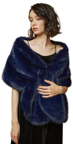 BEAUTELICATE Estolas para Bodas Fiesta Chal de Piel Sintética Mujer Nupcial Chaqueta Bolero Invierno para 1920s Novia Vestido de Noche (Azul Marino)