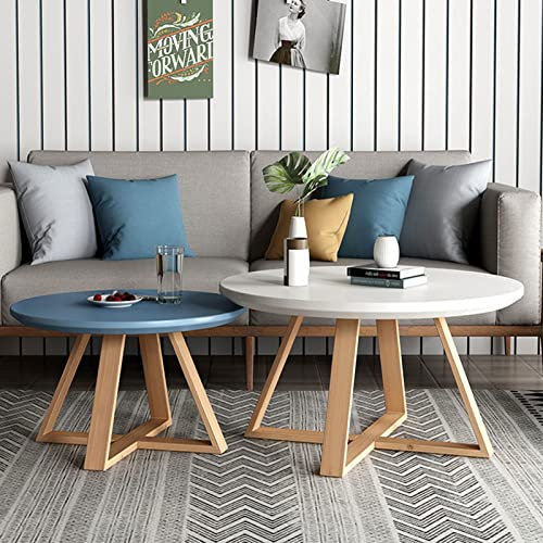 Moderne, minimalistische Couchtische, 2er-Set, stabile runde Beistelltische für Wohnzimmer, Schlafzimmer, Balkon, einfache Montage, Weiß und Blau, 70 cm + Größe