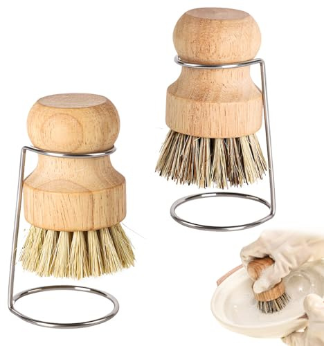 Bamboo Palm Brush Kitchen Cleaning Set - 2 Natural Wood Dish Brushes With Drain Racks for Pots, Pans, Fish, and Sink Cleaning