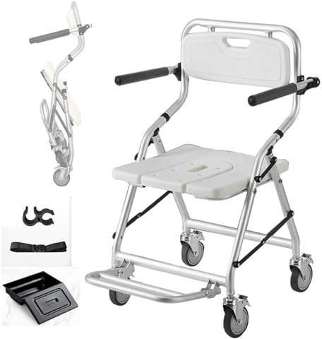 HMLSYZX Sedia da Doccia con Rotelle per Anziani e Disabili, 3-in-1 Sedia da Doccia Toilette e Rotelle Pieghevole con Ruote, Sedia WC per Anziani Disabili con Rotelle Rialzo