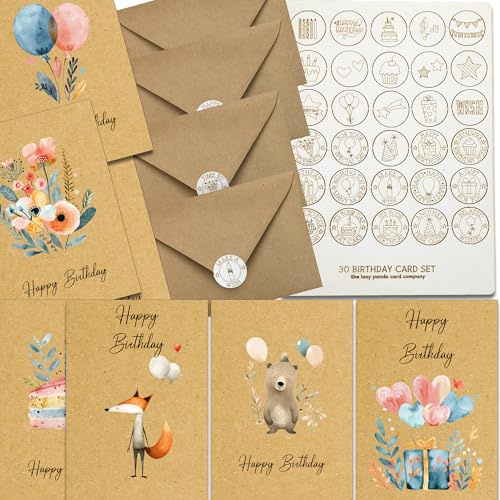 Lot de 30 cartes d'anniversaire aquarelles avec enveloppes en papier recyclé 30 motifs différents (30 cartes d'anniversaire kraft)