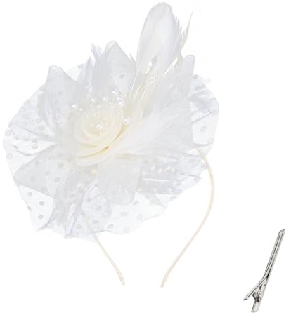 Padorul Weißes Blumen-Stirnband für Braut und Damen, weißes Netz-Blumen-Haarband Retro-Fascinator, Hut-Clip, Haarteil, Zubehör für Hochzeit, Brautparty