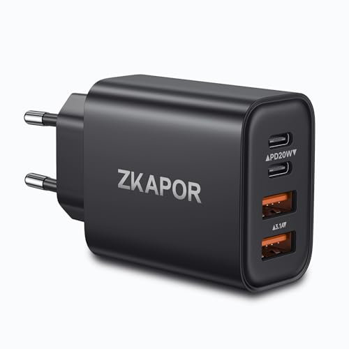 ZKAPOR Caricatore USB C Presa 40W 4 Porte Caricatore USB Multiplo, Spina Alimentatore Tipo C Caricabatterie Rapido per iPhone 16/16 Pro/16 Pro Max/15/14, Galaxy S24, MacBook, Pad Pro, Pixel - Nero