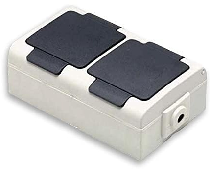 Presa tedesca per montaggio superficiale a 2 vie, colore grigio. Perfetto per installazioni elettriche esterne e domestiche.