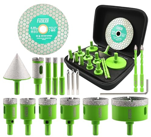 FACHLICH Tile Hole Cutter Set - 17PCS Diamond Hole Saw Kit 6/8/10/25/28/32/35/45/65mm+20mm Finger Bit+50mm Beveling Chamfer Bit+Masonry Drill Bits+Tile Blade, Triangle Shank Hole Cutter