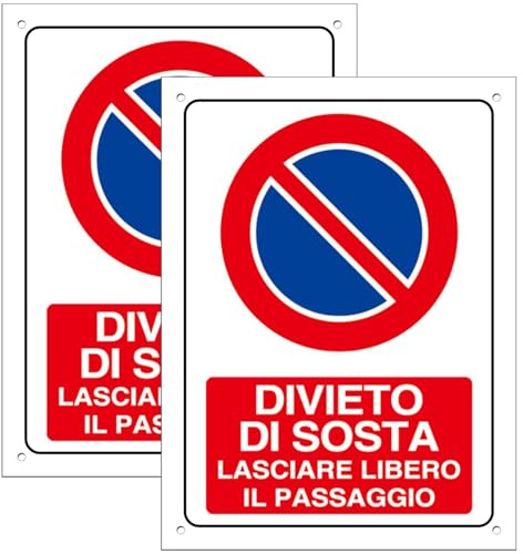Cartello Area DIVIETO DI SOSTA LASCIARE LIBERO IL PASSAGGIO 2 Pezzi - 20x30cm - PVC Ultra Resistente - Fori preforati - Impermeabili - non Facilmente Deformabili (Segnaletico-29)