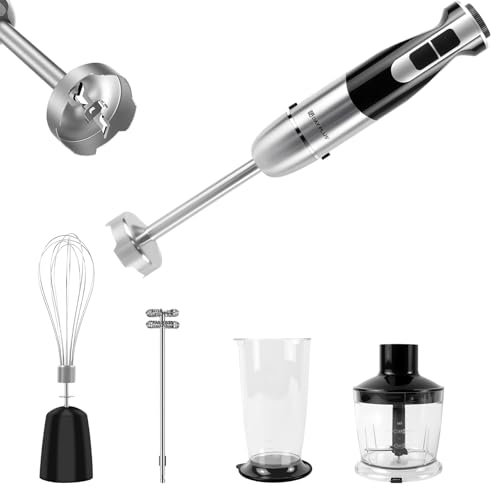 5-In-1 Immersion Hand Blender Set, 1200W Mini Chopper with Frother & Whisk Attachement, Stainless Steel Blades Compact Food Processor 500ml Blender Bowl, 700ml Beaker, Black
