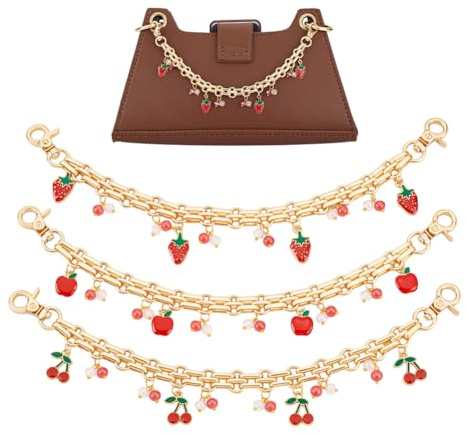 PH PandaHall 3pcs Goldene Taschenkette mit Emaille-Anhängern 25,6cm | Dekorative Geldbörsenketten Mit Frucht Anhänger Kirsch Erdbeer Taschen Verlängerungskette Für Tragetaschen