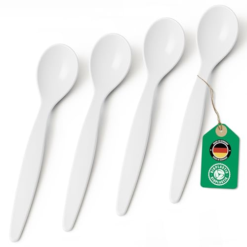 Bio Löffel 4er Set – 14 cm Mehrweglöffel Eierlöffel BPA-frei, spülmaschinengeeignet & recycelbar – aus Zuckerrohr, leicht & schadstofffrei – ideal für Kinder, Picknick & Alltag – Made in DE - Weiß