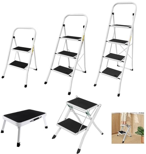 Folding Ladder 4 Steps, Portable 4 Treads Stepladder Multi-Use Collapsible Stool Ladder for Home Kitchen Garage Office Shop RV, Grip Handle and Anti-Slip Wide Pedal Capacity 150 kg