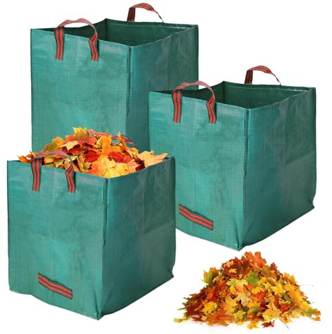 Zimoer 3 x 125L Sac Jardin Déchets Verts Résistant, Grand Sac de Rangement Carré en Polypropylène Réutilisable pour Feuilles, Branches, Herbe et Déchets Ménagers (Vert)