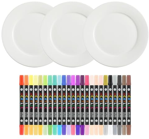 Set de Pintura de Cerámica DIY 3 Platos de Cerámica Bandeja de Servir Blanca 24 Bolígrafos de Porcelana Juego de Manualidades DIY que Pintar Cerámicas, Regalo Creativo para Niños y Adultos