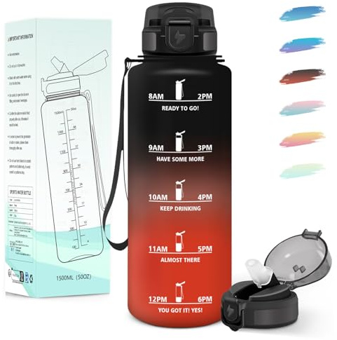 Motswedi Gourde 1,5l, avec Paille, Gourde Sport, Anti-Fuite, Bouteille, Réutilisable, Bouteille d'eau, avec Marqueur de Temps, pour Fitness, Yoga, Sport, Camping, Gym, Travail, Noir Rouge