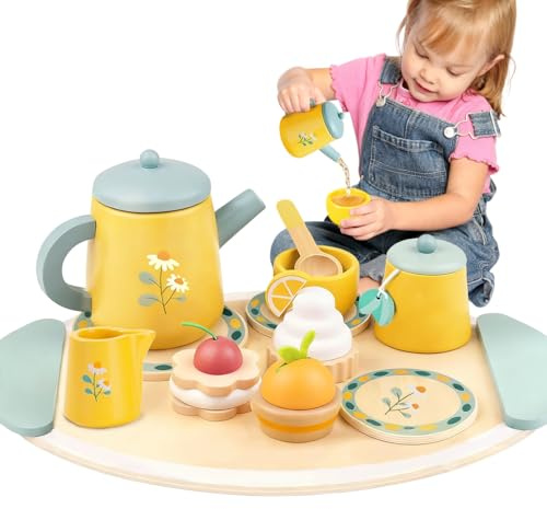 Wooden Tea Set for Toddlers, Wooden Kitchen Toys with Cakes & Biscuits, Cupcake| Pretend Play Kitchen Accessories for 3 4 5 Year Old Kids | Educational Birthday for Girls & Boy