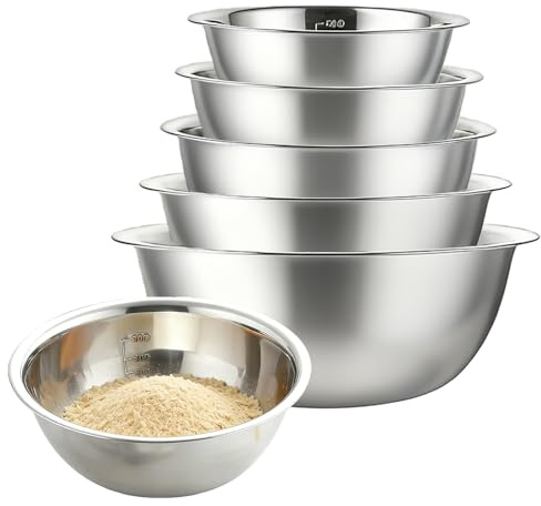 GAOUTO 5-delars set med skålar i rostfritt stål, blandningsskålar i rostfritt stål i 5 storlekar (0,48 l/0,9 l/1,6 l/2,05 l/2,6 l), stapelbara köksskålar, metallskålar, serveringsskålar