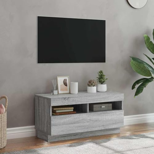 Yunovire Meuble TV avec lumières LED - Gris Sonoma - 80 x 35 x 40 cm - Matériau du bois - Moderne - Pour salon, chambre à coucher, centre de divertissement multimédia
