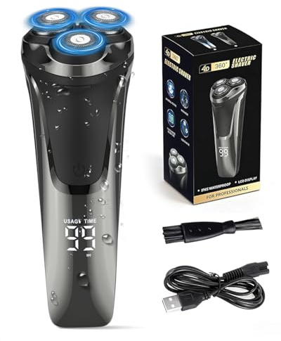 Rasoir Électrique Homme Rechargeable 4D avec Écran LED, IPX7 Rasoir Homme Étanche Humide & Sec, Rasoir Rotatif Sans Fil, Tondeuse Barbe avec Tondeuse Rétractable et Verrouillage Voyage(Noir)