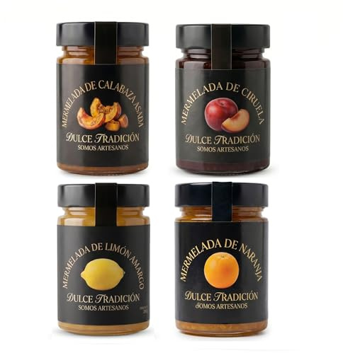 Confiture Dulce Tradición. Fabrication artisanale. Lot de 4 pots de 390 gr, potiron rôti, citron amer, orange et prune. 63% de fruits frais de saison. Sans conservateurs ni colorants.