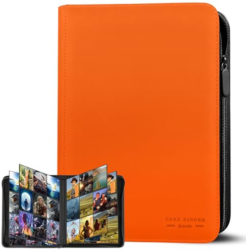 Álbum de Tarjetas Coleccionables, 30 Páginas y 9 Bolsillos, Capacidad para 540 Cartas, Carpeta con Cremallera y Carga Lateral, Compatible con Magic, YuGiOh, MTG y TCG – Naranja
