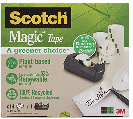 Scotch Tischabroller mit Scotch Magic Klebeband 14 Rollen 19 mm x 33 m für Schule, Zuhause und Büro - Schwarz