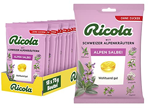 Ricola Alpen Salbei, 18 Beutel original Schweizer Kräuter-Bonbons mit 13 Schweizer Alpenkräutern & würzigem Salbei, zuckerfrei, 18 x 75g, vegan