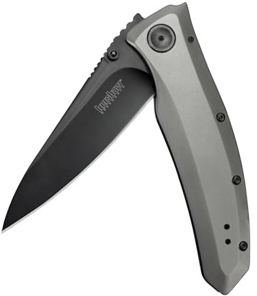 Kershaw Grid Pocketknife, 3.7 8Cr13MoV Steel Drop Point Plain Edge Blade, Assisted One-Handed Flipper or Thumb Stud Opening, Frame Lock EDC,Grey/Black