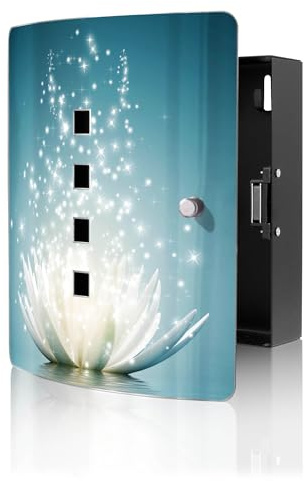 banjado Design Schlüsselkasten aus Edelstahl für 10 Schlüssel - Schlüsselschrank zur Schlüssel Aufbewahrung 24 x 21,5 x 7cm groß mit praktischem Magnetverschluss - Motiv Magische Lotusblüte