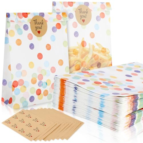 100 Stück Geschenktüten Kindergeburtstag, Ölfest Papiertüten mit 108 Aufkleber, Runde Punkte Mitgebsel Tüten Kindergeburtstag, Butterbrottüten Bunt für Hochzeit, Geburtstag