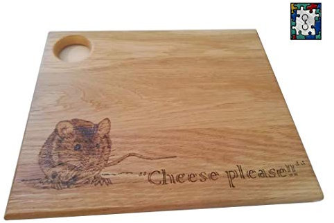 Handmade solid oak cheese board with mouse pyrography art - Large