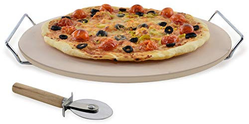 ORION Pizzastein rund Ø 33 cm Steinplatte für Pizza Flammkuchen Backstein für Ofen, Grill Form + Pizzamesser messer Gestell
