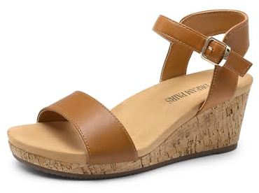 DREAM PAIRS Women's Open Toe Buckle Ankle Strap Platform Wedge Sandals for Women'summer Dressy Shoes, Size 6, Camel/Pu, Nini-8