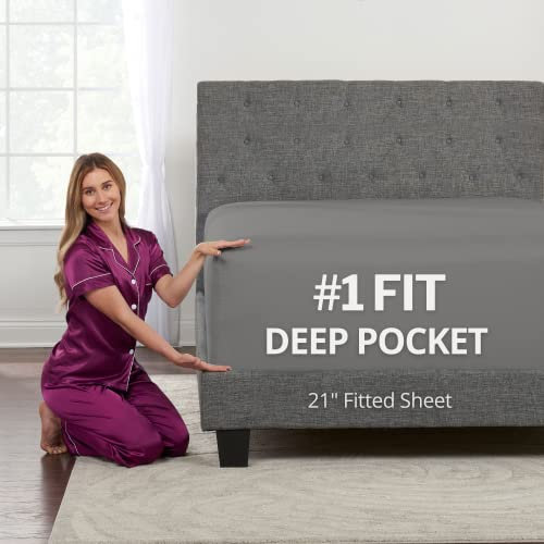 Extra Deep Pocket Fitted Sheet - Queen Size, Deep Pockets for Thick Mattress, Non Slip - Grey