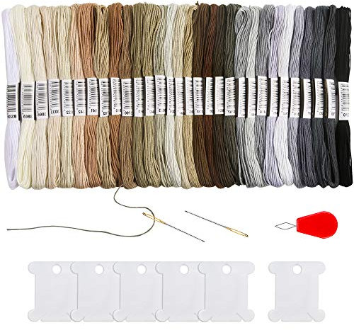 Pllieay 30 Skeins Stickgarn Halloween Schwarz zu Weiß Gradient Grau Stickgarn Kreuzstich Fäden Freundschaftsarmbänder Floss mit 6 Garnspulen, Nadeln und Nadeleinfädler für Kreuzstichprojekte