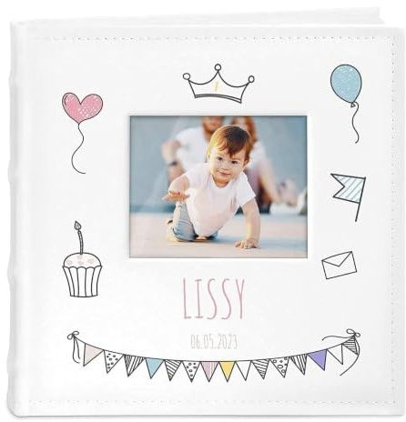 Maverton Einsteckalbum + mit Aufdruck - für 200 Fotos 10x15-100 weiße Seiten - Größe 21x22cm - Weiß - Geschenk für Kind zur Geburt Taufe zum Geburtstag - Party
