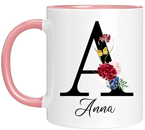 Taza personalizada - Taza con nombre con patrón de flores-con su primera letra y nombre-Taza de café cumpleaños personalizado 11 Oz impresa en ambos lados-Personalizar regalos para mujeres - Rosa