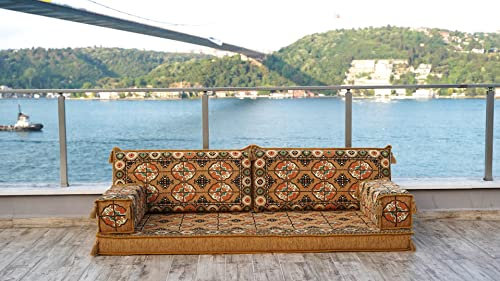 Goldfarbene arabische Bodenbestuhlung, Meditations-Lesesofa, arabische Majlis, orientalisches Bodenkissen, Anbausofa, arabisches Sofa im traditionellen Design, Sofabezüge (4'' Dicke Sofa (10cm))