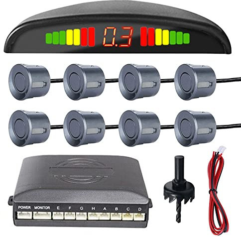 MOCNT Auto Einparkhilfe 8 Sensoren Rückfahrhilfe Kfz Rückfahrwarner Einparksystem Hinten Parksensoren Rückwärtsparkhilfe Rückfahrradarsystem Buzzer Alarm Warnung Grau