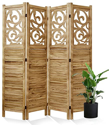 Room Divider Wood Carved Wall Divider Indoor Folding Portable Partition Screen for Home Office Garden Terrace - 4 Panel, 67 * 60inch (Wood)