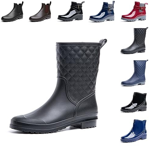 Hitmars Gummistiefel Damen Halbhoch Chelsea Gummistiefeletten Regenstiefel Kurzschaft Boots Outdoor Gartenschuhe Schwarz 39 EU