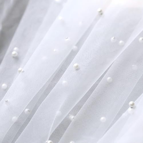 50cm x 160cm Weiß Tüllstoff für Bekleidung & Deko,Perle Mash Stoffe zum Nähen Meterware,Transparent Hochzeitsstoff Tüll Dekostoff mit Perle für DIY Geburtstag Party Deko Tüll Stoffe Hochzeit Schleier