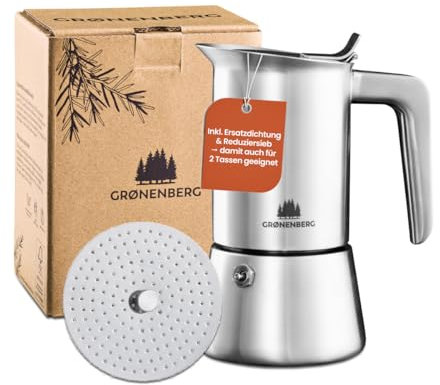 Groenenberg Espressokocher 4 Tassen + Reduziersieb I Hochwertiger Espressokocher Induktion geeignet aus hochwertigem Edelstahl I Mokkakanne für Kaffeeliebhaber