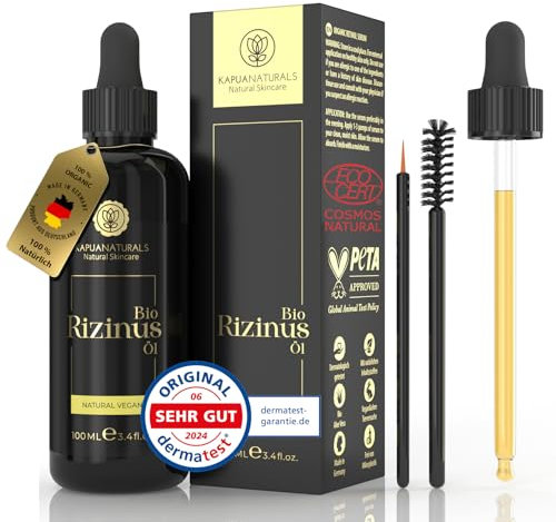 BIO Rizinusöl • 100ml ✓ 100% rein & kaltgepresst ✓ Castor Oil für Haarwachstum, Wimpern, Augenbrauen, Bart & Nägel ✓ Vegan ✓ Ohne Zusatzstoffe ✓ Made in Germany ✓ höchster Reinheitsgrad