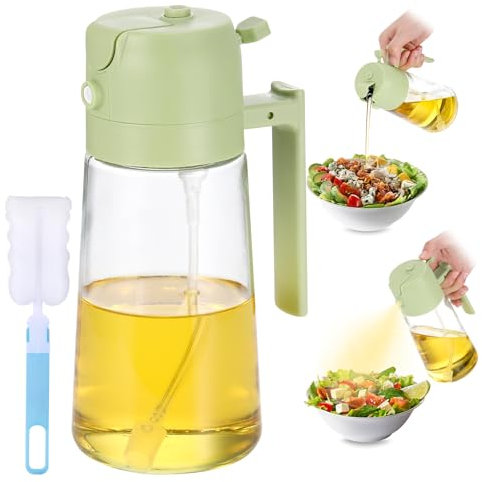Fentar Oil Spray Bottle, 2 in 1 Oil Dispenser and Sprayer, 470ml Leakproof Glass Olive Oil Sprayer, Cooking Oil Spray Bottle with Handle, Olive Oil Dispenser, Green Oil Sprayer for Frying Salad Baking