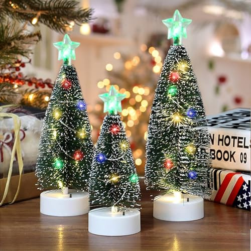 3 Piezas áRbol de Navidad con Luces LED, Mini Arbol de Navidad con Luz de Colores y Nieve Artificial Arbol de Navidad Pequeño para el Hogar Oficina de Mesa de Escritorio Decoraciones de Navidad